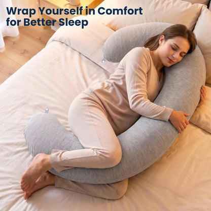 TranquilRelax C Shaped Body Pillow for Side Sleepers, Memory Foam Long Pillow for Leg, Hip & Back Support, Soft Washable Cover,Grey-47"*10"