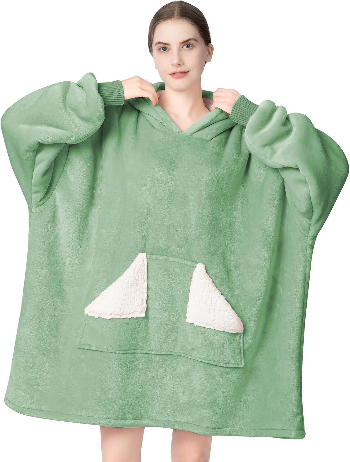 Wearable Blanket Hoodie, Oversized Sherpa Fleece Sweatshirt Blanket with Giant Hood Pocket and Sleeves for Adult, Warm & Cozy Grey Blanket Gifts for Women