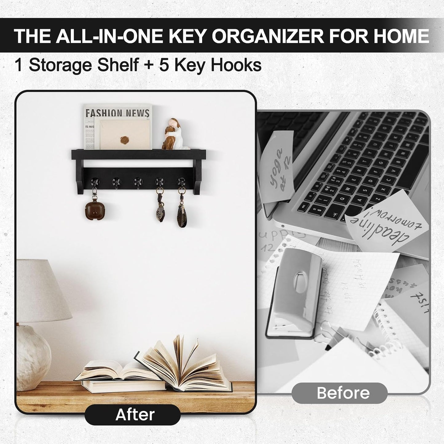 Key and Mail Holder Wall Mount, Mail Organizer with 5 Key Hooks | Key Holder with Shelf, Key Holder for Coat, Dog Leash, Home Decor Rack, Entry Way Organizer