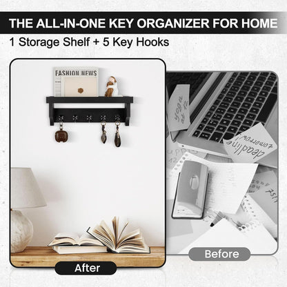 Key and Mail Holder Wall Mount, Mail Organizer with 5 Key Hooks | Key Holder with Shelf, Key Holder for Coat, Dog Leash, Home Decor Rack, Entry Way Organizer