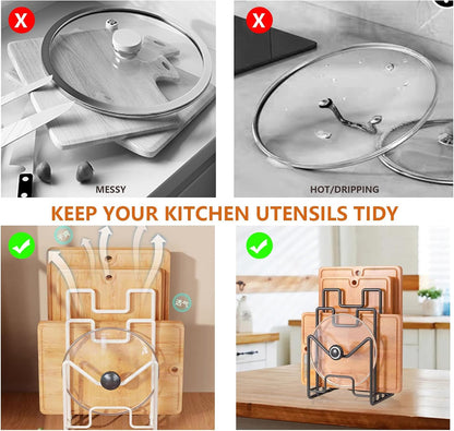 Multifunctional Cutting Board Organizer, Cutting Board Holder Rack Baking Cookie Pan Sheets Cooling Racks Storage Stand for Kitchen Cabinet -Divided Holder with 4 Slots (2PS Black)