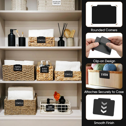 12pcs White Basket Labels Removable PVC Labels | Clip On for Storage Bins, Removable PVC Labels for Baskets with Holders, 3.5x2.7 Inches