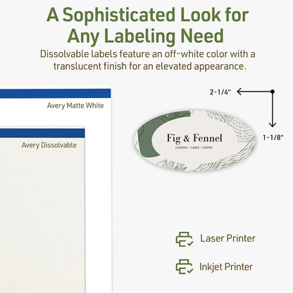 Avery Dissolvable Oval Labels, Sure Feed Technology, 1-1/8" x 2-1/4", Matte White, Print-to-The-Edge, Laser/Inkjet Printable, 105 Labels Total