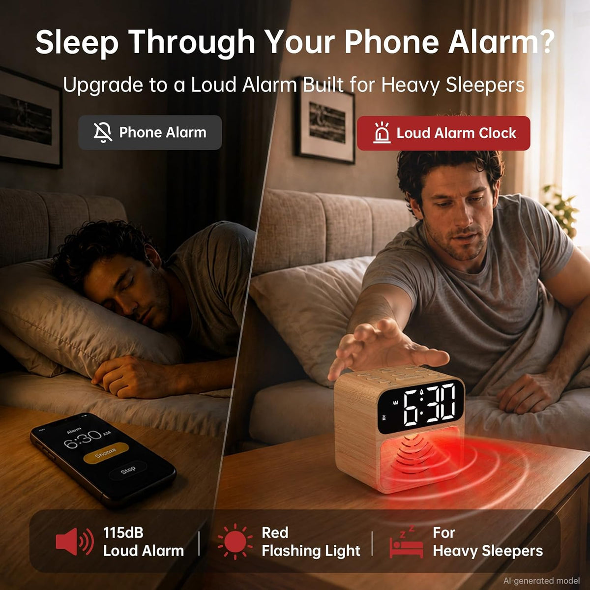 AuroraCalm Extra Loud Alarm Clock for Heavy Sleepers with 115dB Alarm