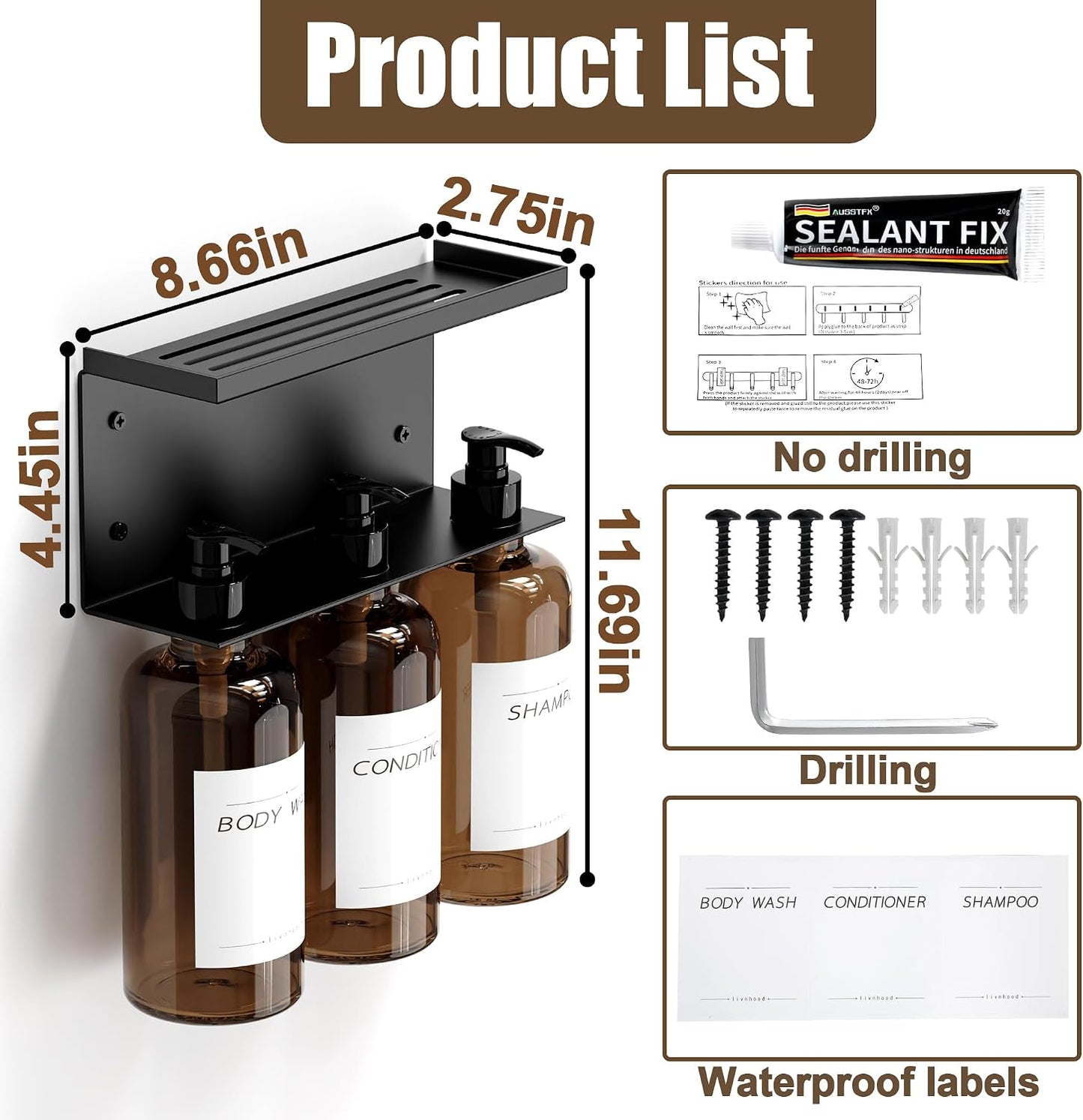 Shampoo and Conditioner Dispenser, Soap Dispenser Wall Mounted, 25.36 fl oz Set of 3 Amber Plastic Bottles Black Pump, Shower Soap Bottles Refillable with Labels for Bathroom