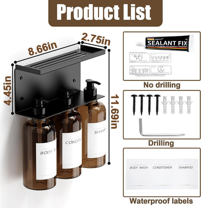 Shampoo and Conditioner Dispenser, Soap Dispenser Wall Mounted, 25.36 fl oz Set of 3 Amber Plastic Bottles Black Pump, Shower Soap Bottles Refillable with Labels for Bathroom