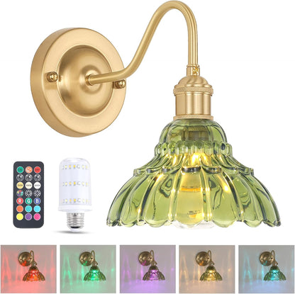 Shenmoyl Battery Operated Wall Sconce Wall Lamp with Green Lily of the Valley Shade Pattern Glass Adjustable Chain Retro Gold Wall Mounted Light, Modern Wall Lamp Fixtures Decor for Bedside Bedroom
