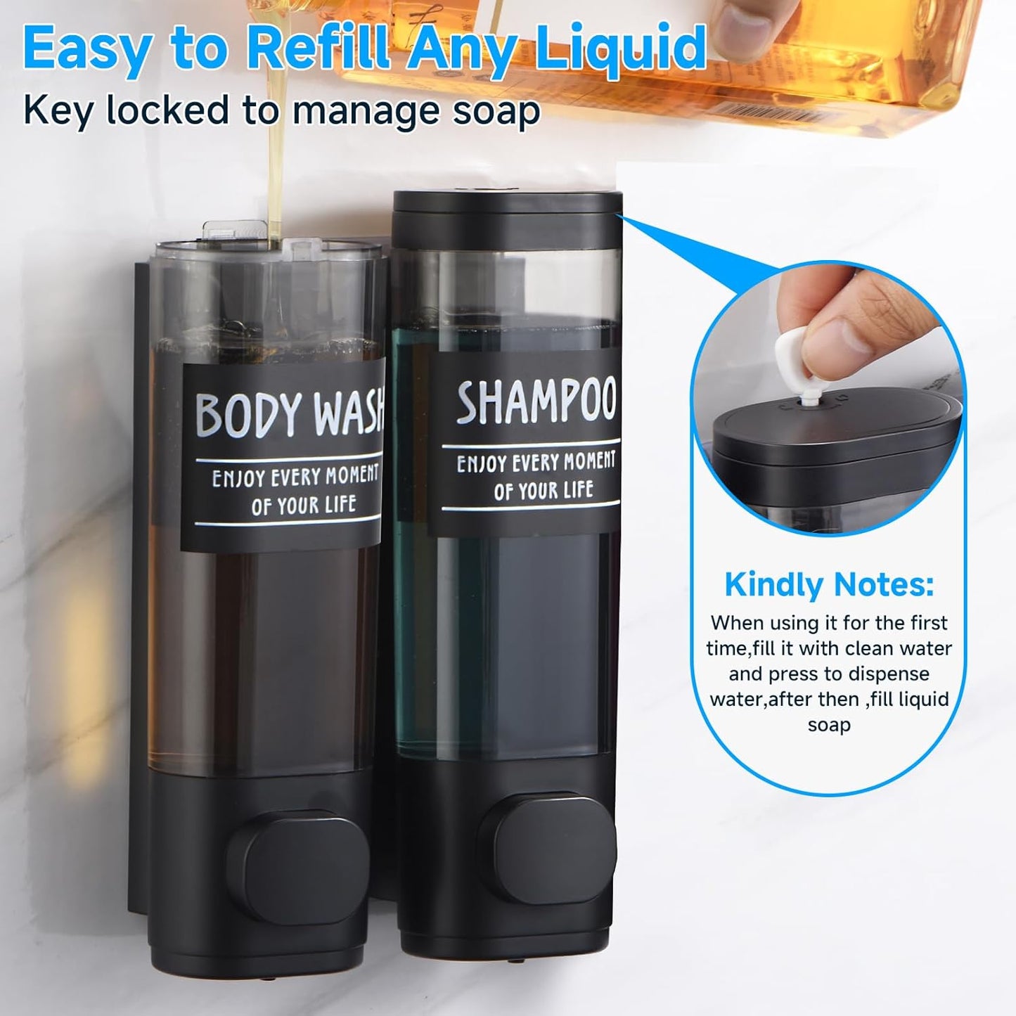 Shampoo and Conditioner Dispenser,GlintGath Shower Dispenser 2 Chamber No Drill Shampoo Dispenser for Shower Wall Mounted Shower Soap Dispenser for Bathroom Hotel,2 * 300ML,Matte Black