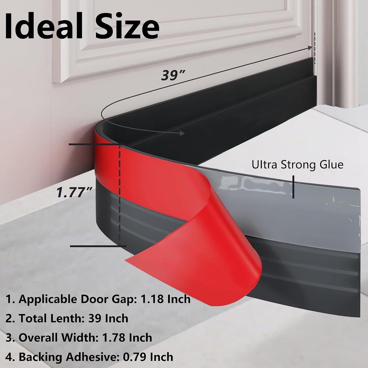 Under Door Draft Stopper - 39 Inch Adhesive Door Sweep for Interior/Exterior, Door Blocker (Black, 39.3 Inches)
