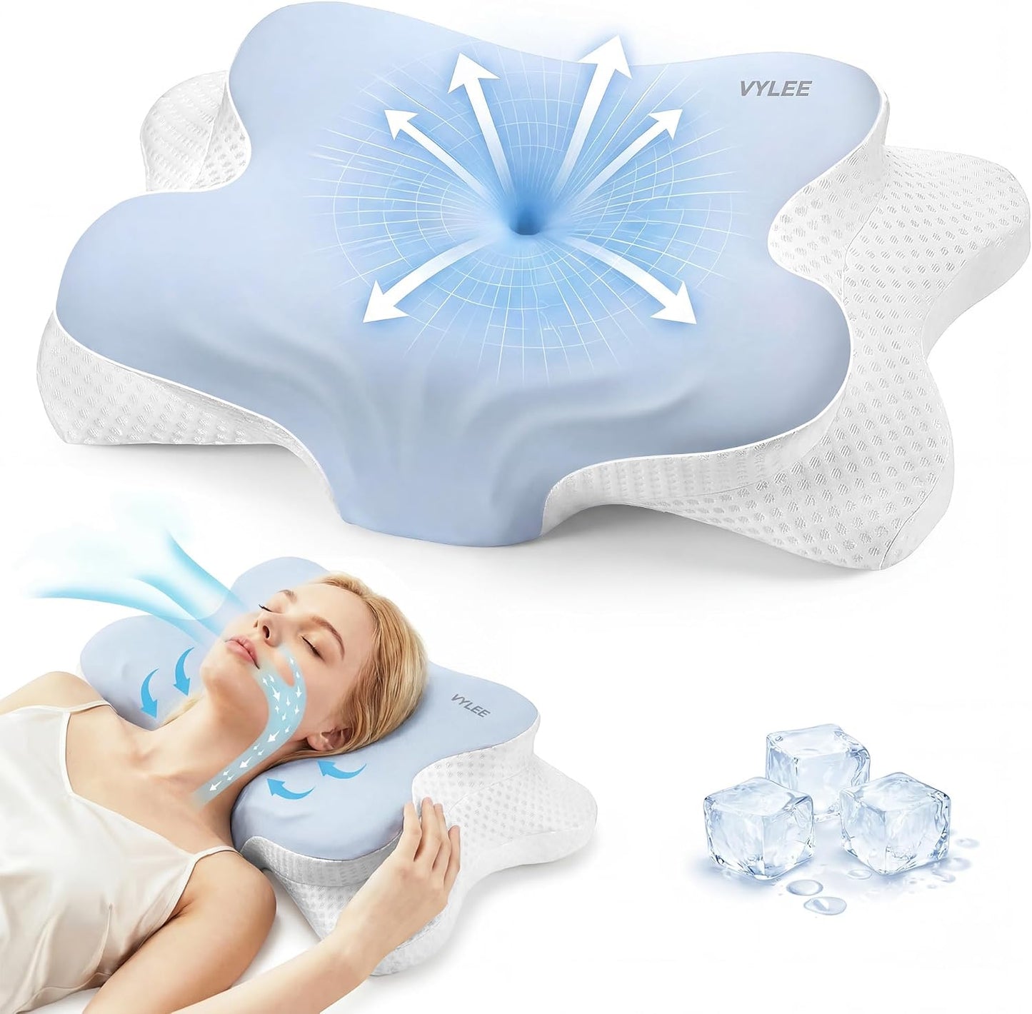 VYLEE Cervical Neck Pillow for Pain Relief, Ergonomic Memory Foam Pillow for Neck Support, Cooling Contour Orthopedic Pillow for Side, Back & Stomach Sleepers | Ergonomic contour pillow supports proper neck alignment for side, back & stomach sleepers