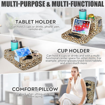 Couch Cup Holder Tray Pillow - Bed, Couch Caddy, Sofa, RV & Car - Holds Drinks, Snacks, Remotes, Phones, Kindle, Tablet | Bed Cup Holder (Grey)
