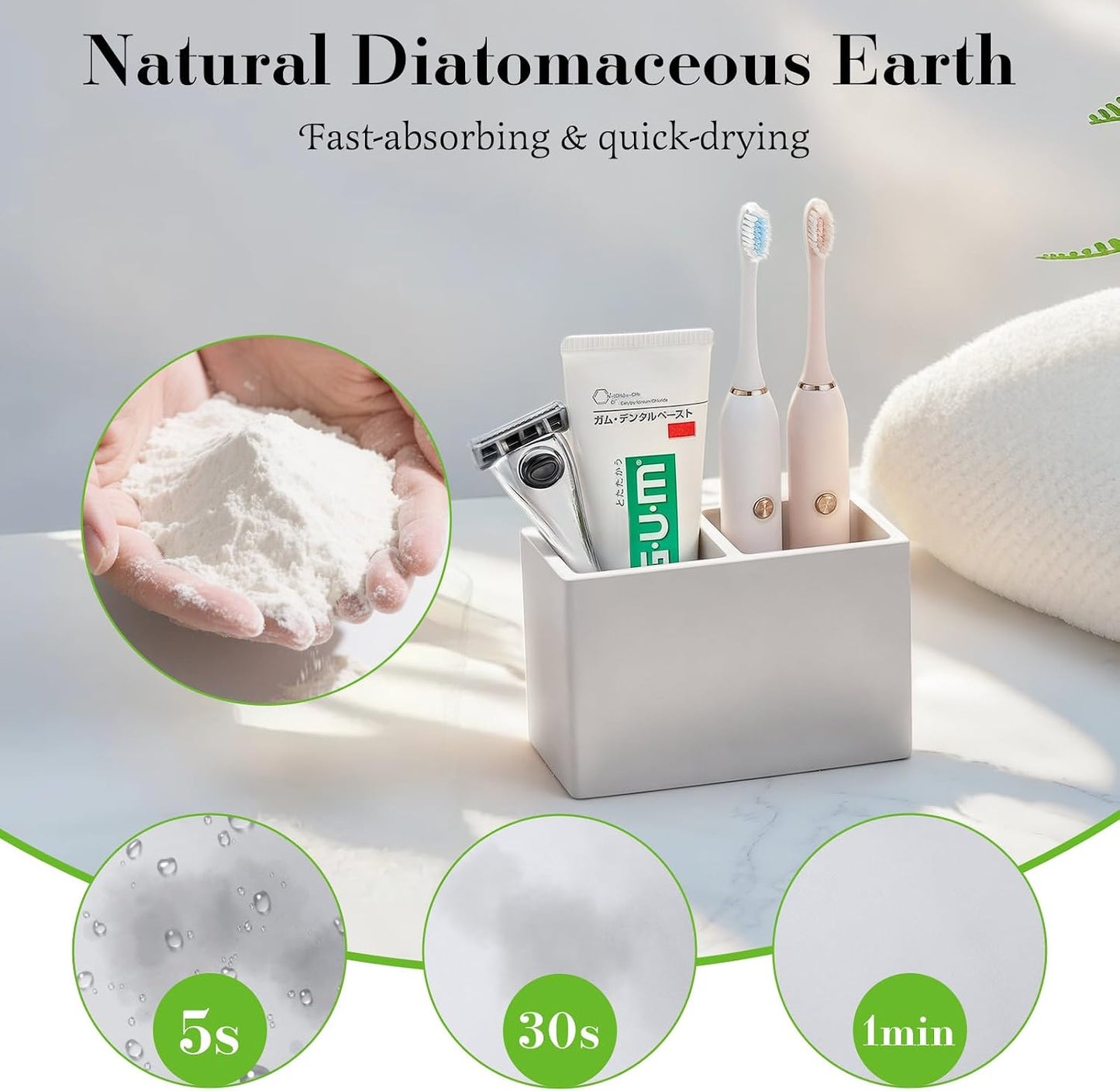 Luxspire Diatomite Toothbrush Holder, 2 Slots, Marble White | Fast Drying, Diatomaceous Earth, Electric Tooth Brush and Toothpaste Organizer, For Bathroom Kitchen Vanity Countertop