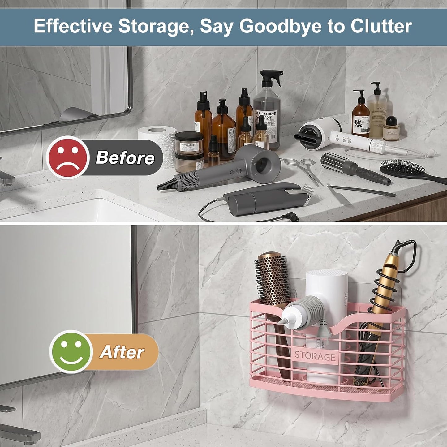 Hair Tool Organizer, Hair Dryer Holder for Bathroom Vanity Counter Cabinet | Dresser Blow Dryer Holder, No Drilling Wall Mount Storage Basket for Blow Dryers, Shaver, Comb, Curling Iron, Straightener