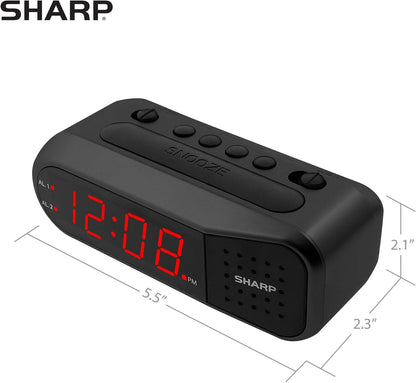 Sharp Digital Alarm Clock for Heavy Sleepers, Dual Alarm, Red LED, Black | Ascending wake sound, weekday/weekend scheduling, 9-minute snooze, easy-set controls, 2 AA backup, bedroom, dorm, office