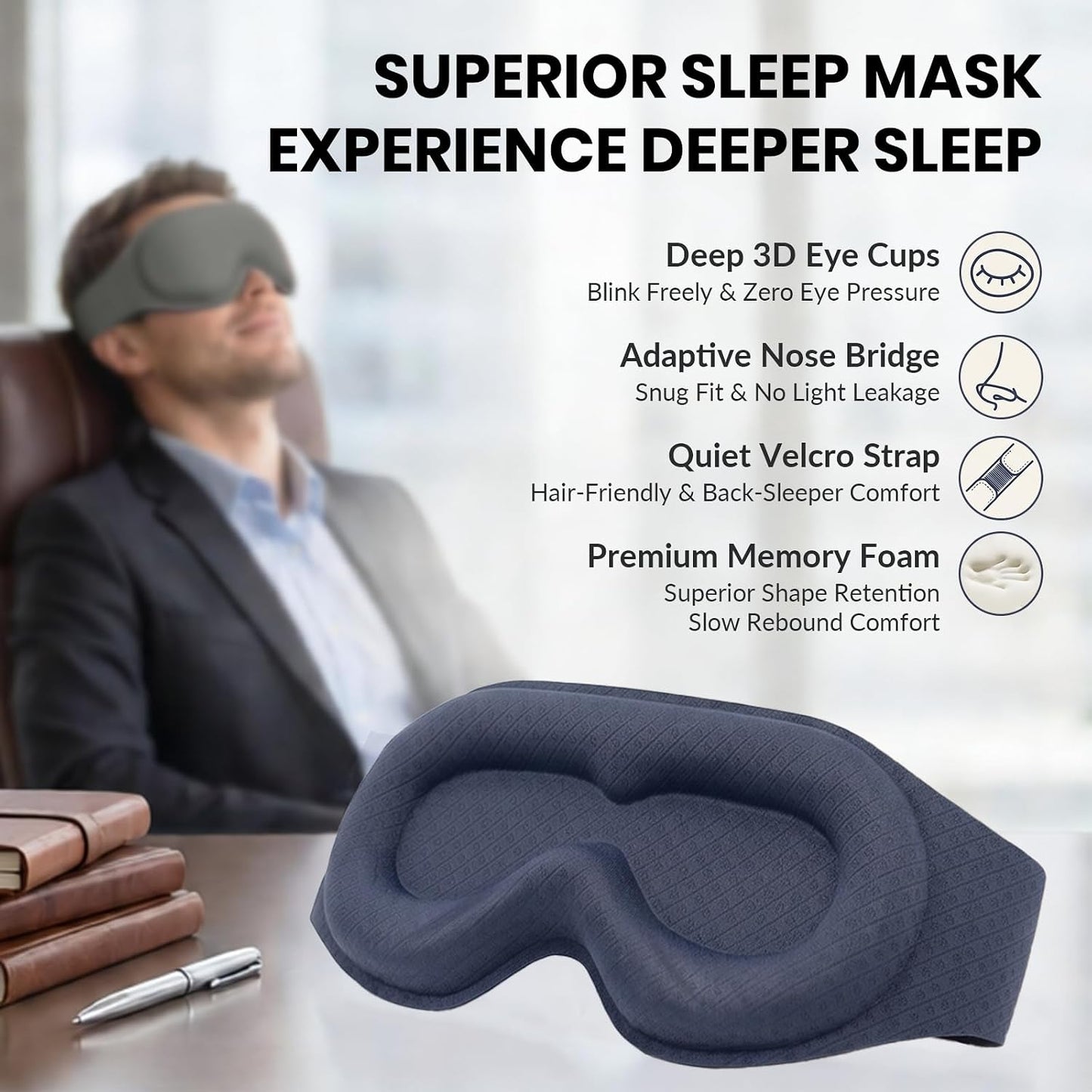 Maximum Blackout Sleep Mask for Deep Sleep, 3D Eye Mask with Spacious Eye Cups, Zero Eye Pressure, Long Eyelash & Lash Extension Friendly, Eye Cover for Travel/Shift Work/Daytime Sleep, Black