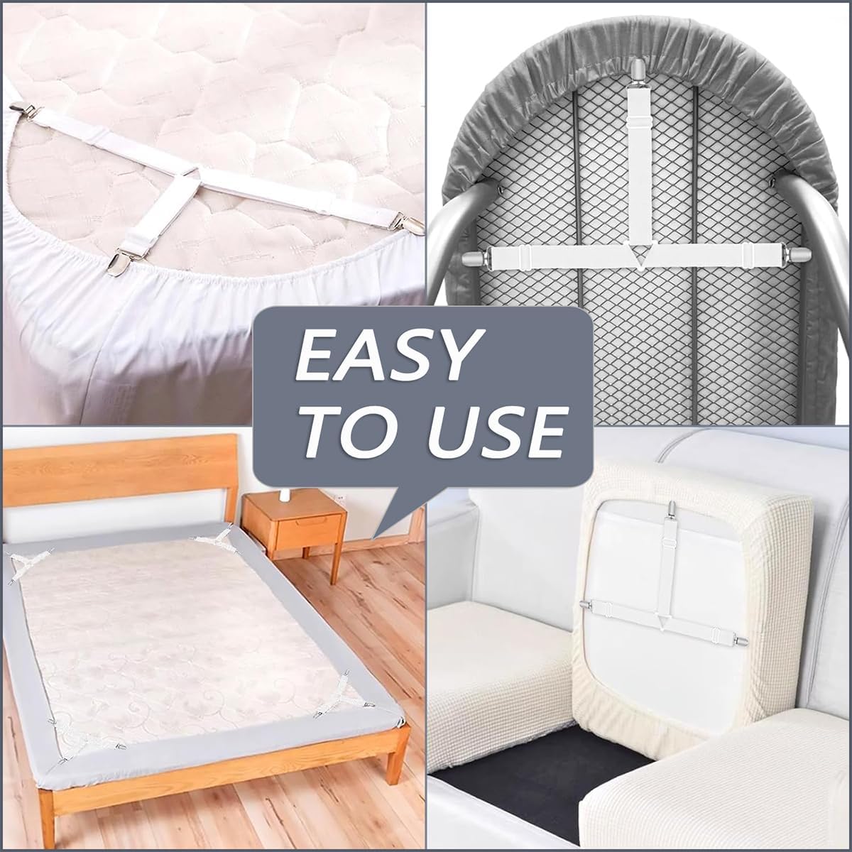 Bed Sheet Holder Straps, Heavy Duty Adjustable Elastic Sheet Clips, Fitted Sheet Holders for Corners Keep Sheets in Place, Easy Install Mattress Firm Tight Accessories 4 Pack White