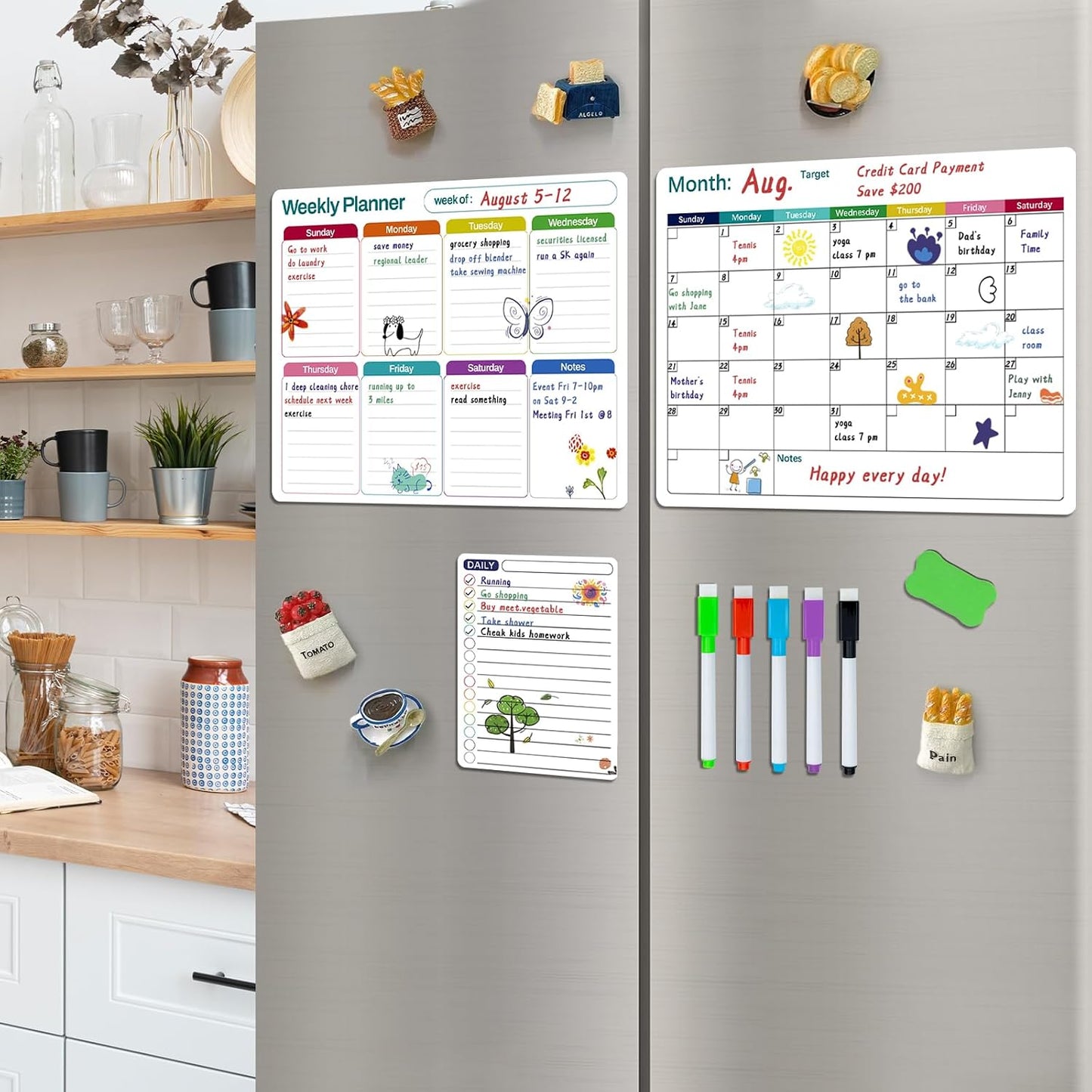 Magnetic White Board Calendar Dry Erase for Fridge | 14.6" x 11" Reusable Refrigerator Calendar for Fridge & Wall, Easy to Clean, Schedule Organizer, with 5 Markers and Eraser