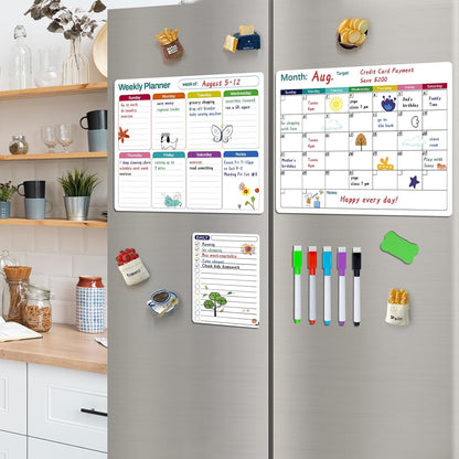 Magnetic White Board Calendar Dry Erase for Fridge | 14.6" x 11" Reusable Refrigerator Calendar for Fridge & Wall, Easy to Clean, Schedule Organizer, with 5 Markers and Eraser