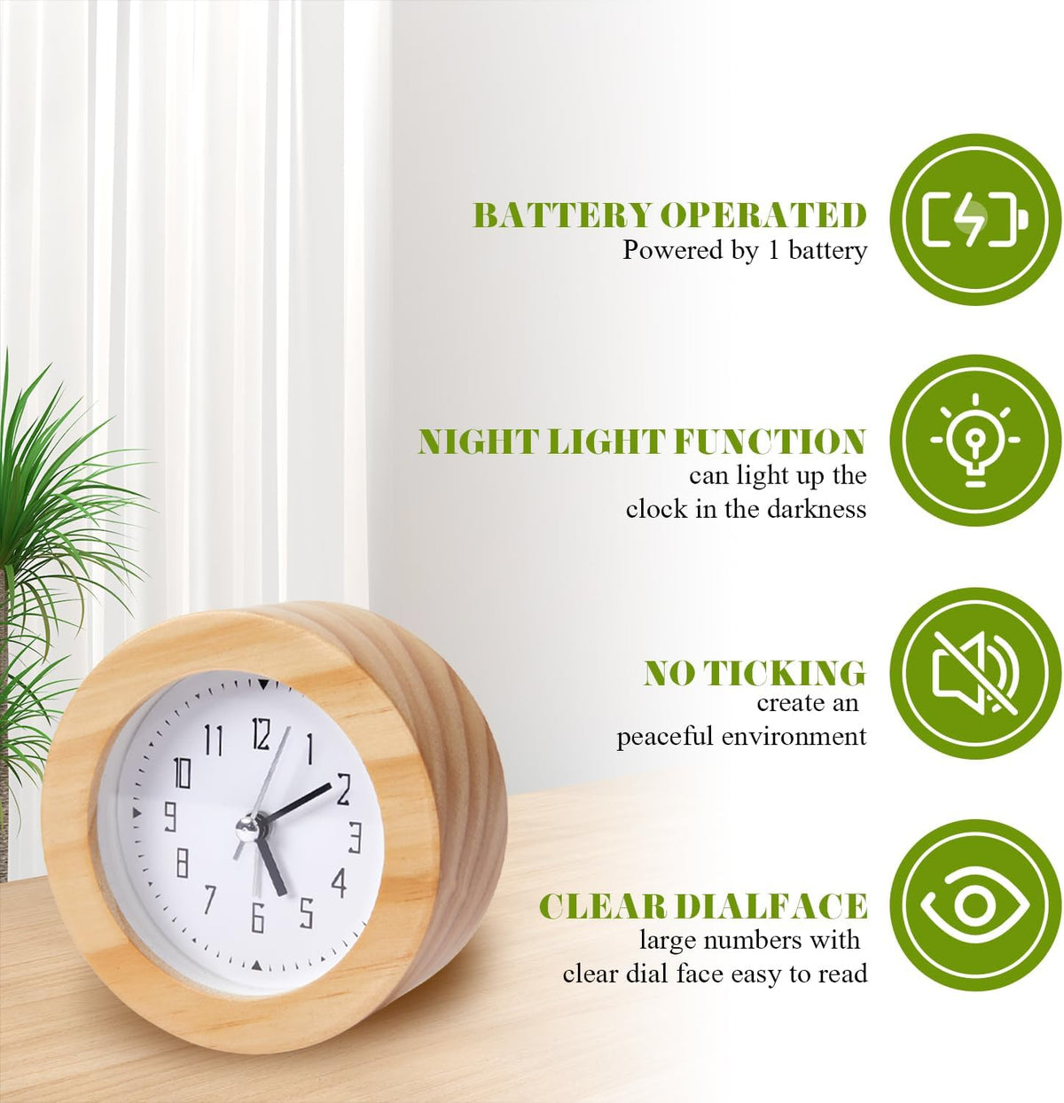 Wooden Analog Alarm Clock Silent Non-Ticking Desk Clock Battery Operated Table Clock with Nightlight for Bedroom,Children's Room, Living Room,Natural(4Inch)