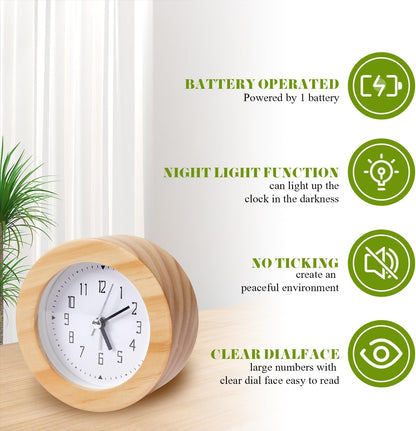 Wooden Analog Alarm Clock Silent Non-Ticking Desk Clock Battery Operated Table Clock with Nightlight for Bedroom,Children's Room, Living Room,Natural(4Inch)