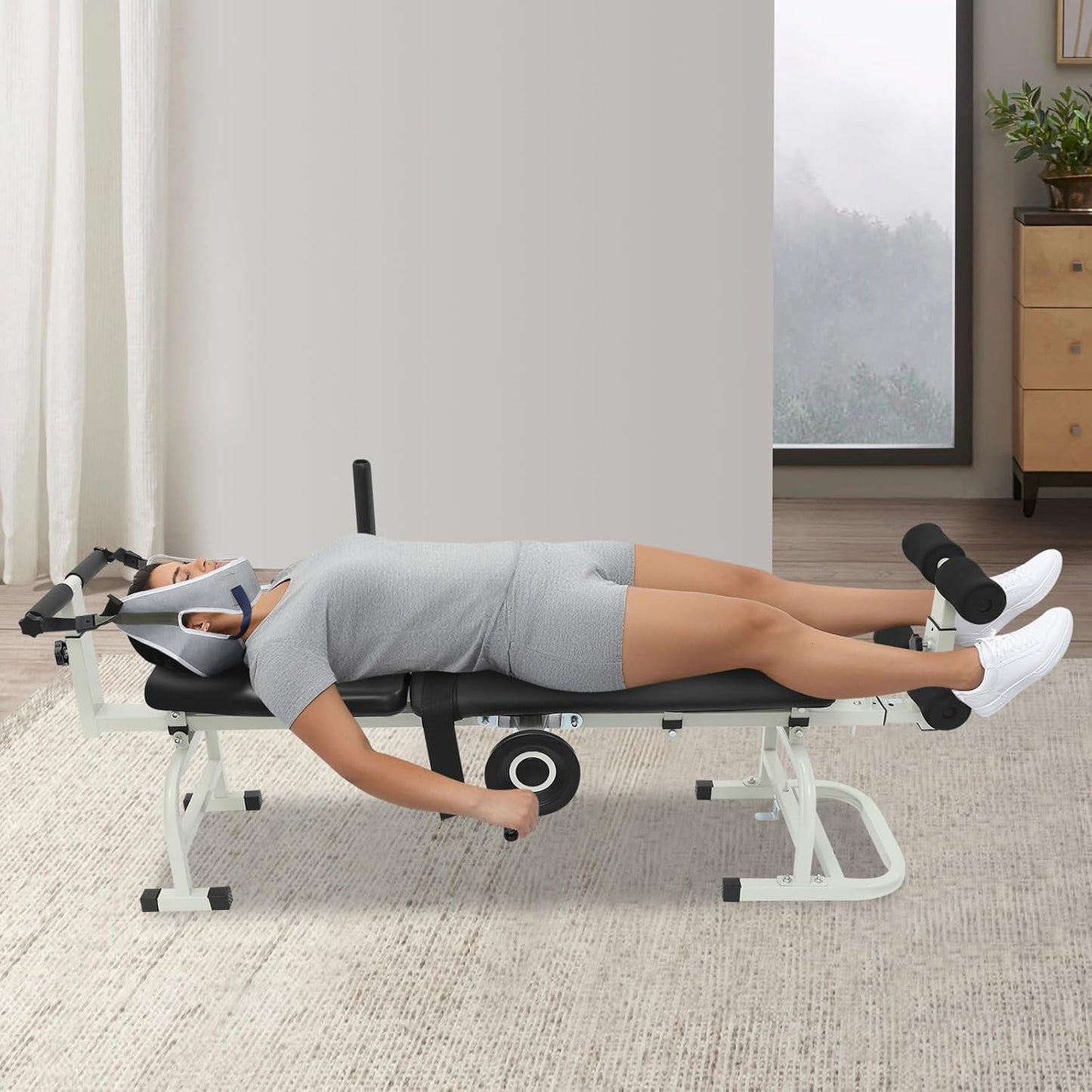 Multifunctional Body Stretcher, 330.69lbs Load Folding Massage Bed Back Stretch Bench Lumbar Traction Bed Neck Stretcher Traction Table with Headrest for Home Use Rehabilitation Centers Clinics