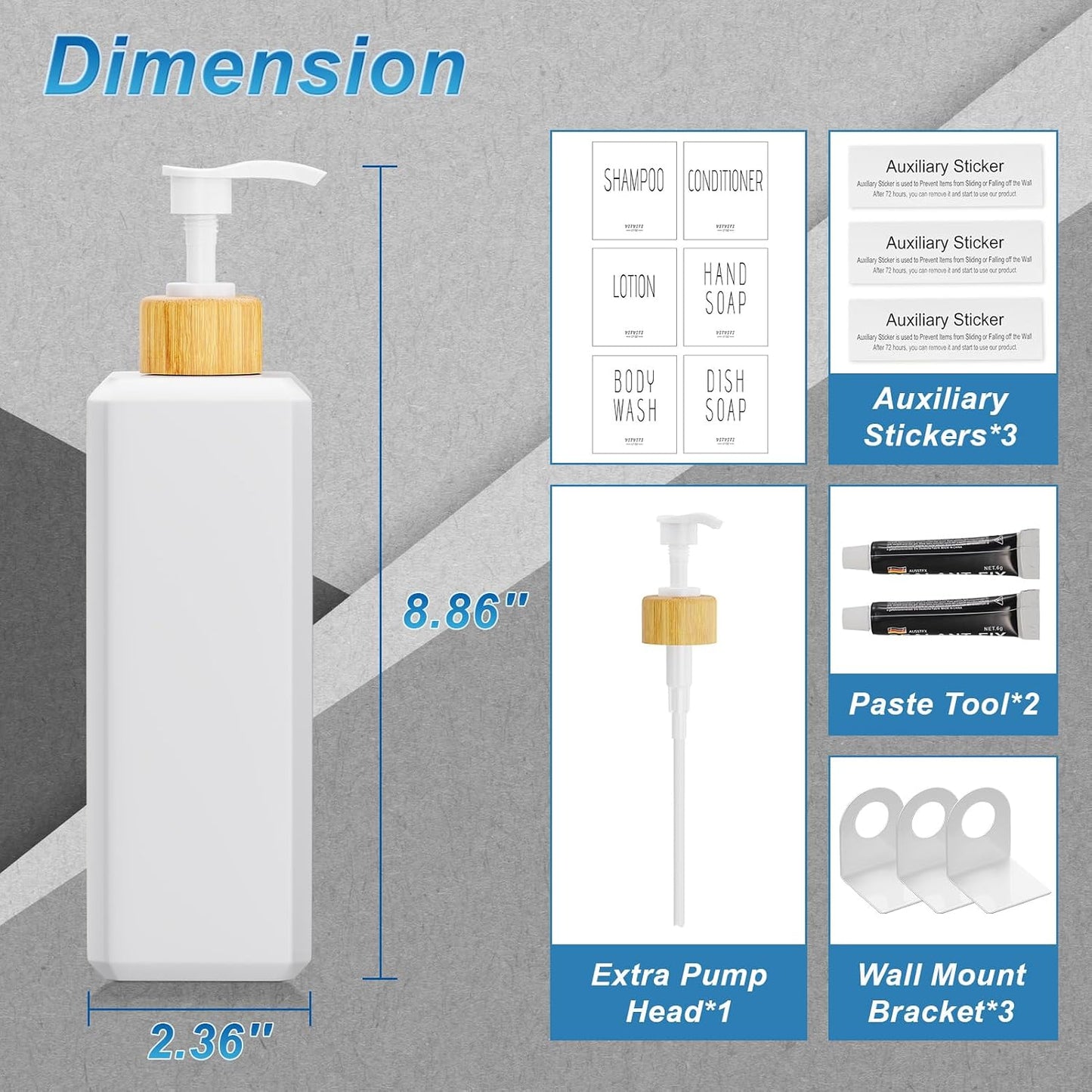 VITVITI Shampoo and Conditioner Dispenser, Shower Soap Dispenser Wall Mount | 17OZ Refillable Plastic Shampoo/Body Wash Shower Bottles for Bathroom with Pump/Labels, Bamboo Wall Mounted, Clear