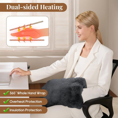 Double-Sided Heating Pad for Hands, Luxury Faux Fur Electric Hand Warmer for Fingers Arthritis, Heated Gloves Indoor Use, Hand Warmer Pouch for Women Men Hand Pain Relief, 3 Levels & Auto Off, Brown
