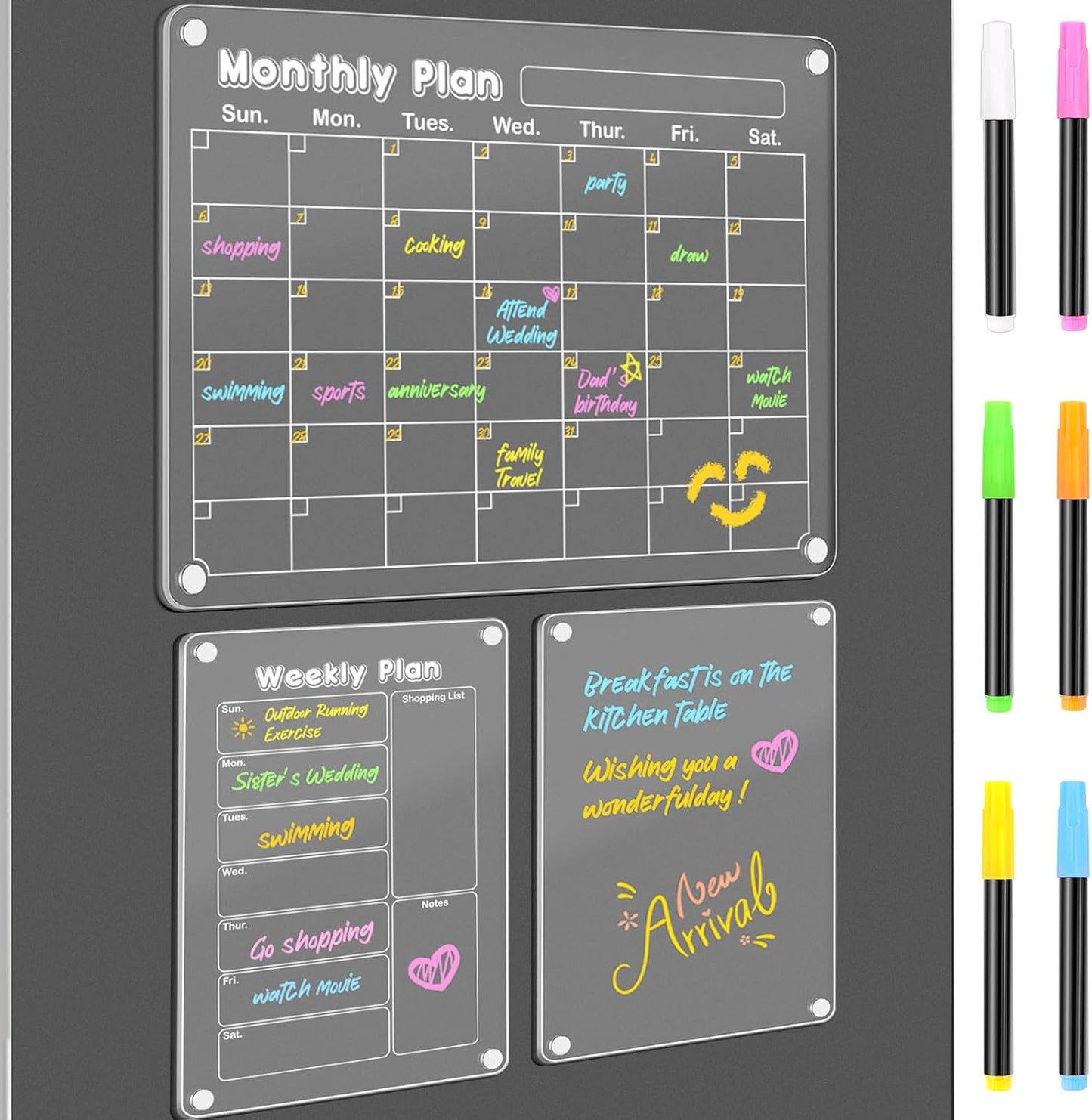 DIYMAG Magnetic Calendar, Fridge Magnets for Whiteboard 4 PCS Dry Erase | Clear Monthly Weekly Daily Memo Acrylic Planning Boards Apartment Essentials for Refrigerator