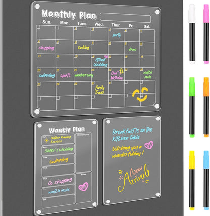 DIYMAG Magnetic Calendar, Fridge Magnets for Whiteboard 4 PCS Dry Erase | Clear Monthly Weekly Daily Memo Acrylic Planning Boards Apartment Essentials for Refrigerator