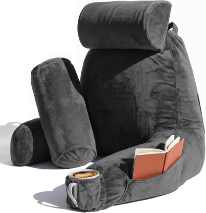 Nestl Reading Pillow with Shredded Memory Foam, Designed for Sitting Up in Bed and Couch, Back and Arms Adjustable Support for Adult & Teens Backrest Pillows for Reading, with Washable Cover Dark Grey