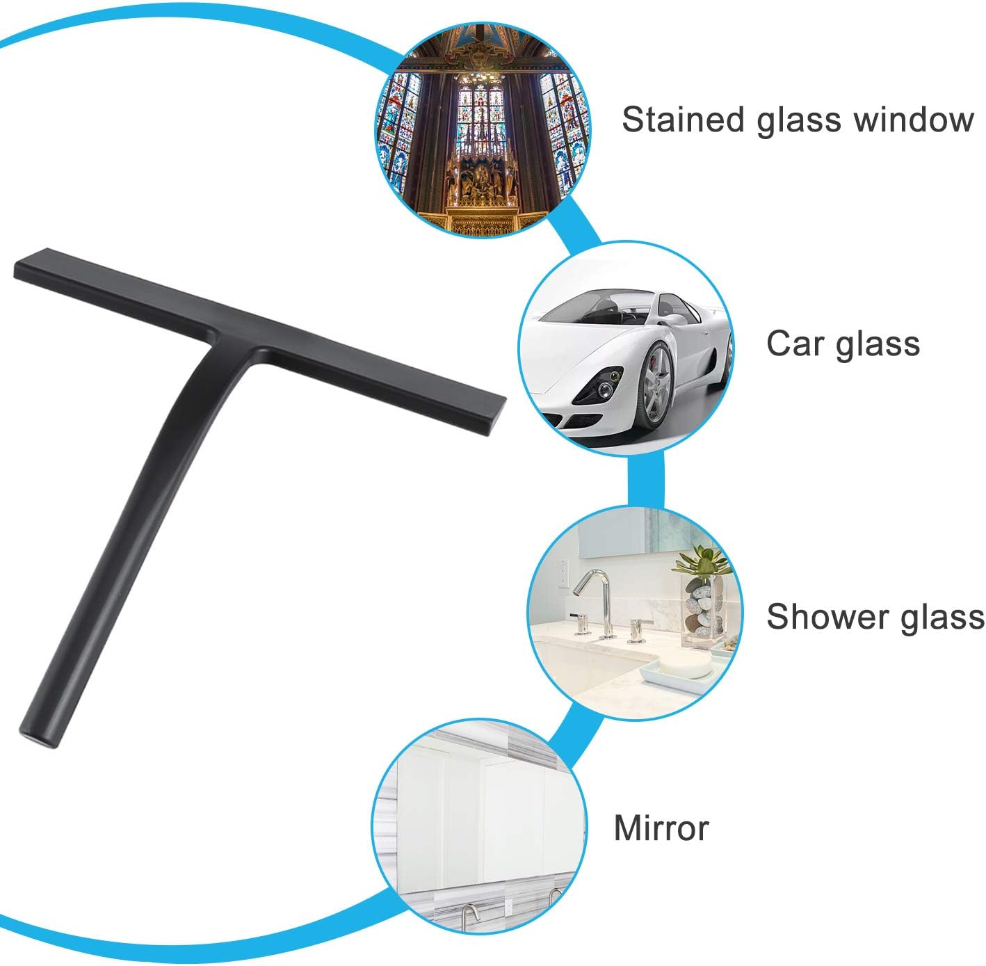 Silicone Shower Squeegee, Black, 9 inch | All-Purpose, For Shower Glass Door Window Mirror Tile Car Walls, 2 Hooks Included, Bathroom Accessories