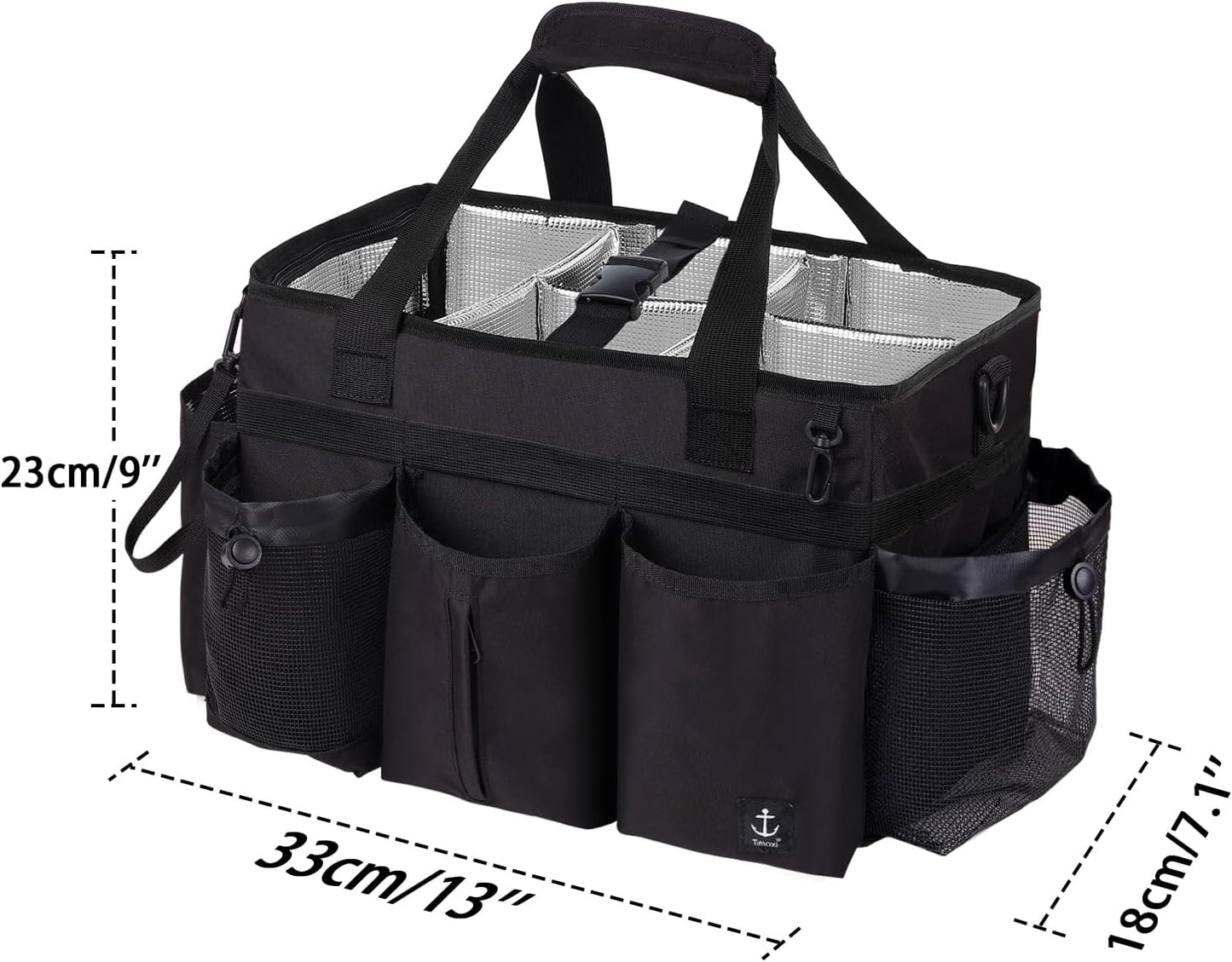 Large Cleaning Caddy Bag Built-in hard plastic sheet Aluminum foil lining | Waterproof nylon, aluminum foil lining, detachable dividers, dual straps for housekeepers