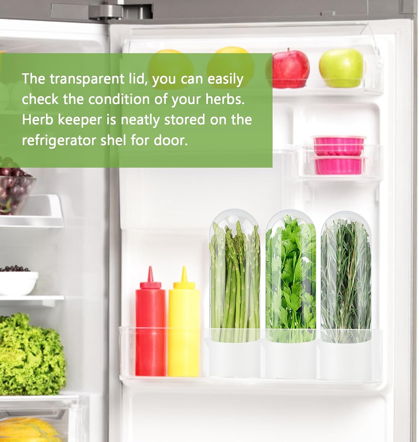 2 Pack Herb Keeper for Refrigerator, Vertical Herb Keeper for Fridge with Scissors, Vegetable Preservation Container for Cilantro, Parsley, Mint&Asparagus, Extends Freshness for 2-3 Weeks