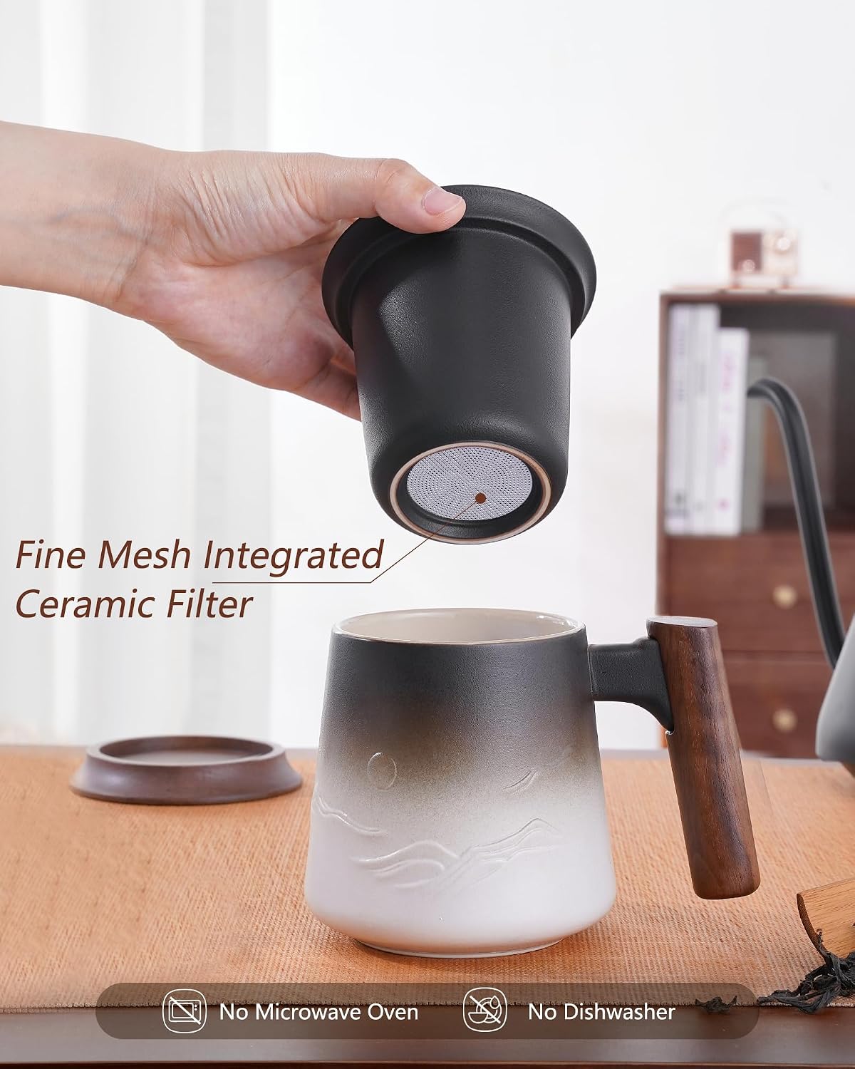ZENS Tea Mug with Infuser and Lid for Loose Leaf Tea Steeper, 16.9oz Moss | Embossed Ceramic Tea Cup with Infuser for Herbal Tea Difussers, Tea Lovers Gifts, Nature Wood Handle