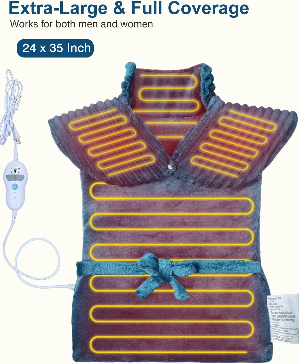 Heating Pads for Back Pain Relief,Wearable Heating Pad with Massager,Teal | 24"x35" Extra Large Heated Wrap for Neck and Shoulders ,Auto-Shut Off,Machine Washable