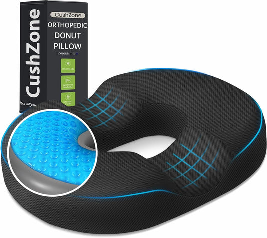 Donut Pillow Seat Cushion, Cooling Gel Memory Foam Chair Cushion, Black | Office, Home & Car Seat Cushion, Butt Pillow for Tailbone Pain Relief, Hemorrhoids and Everyday Sitting Comfort