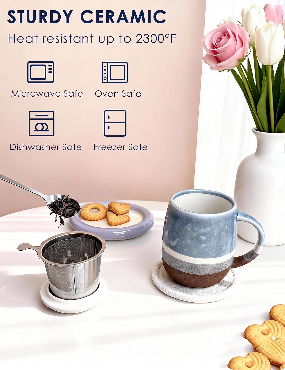 SISETOP 13.5 OZ Large Tea Cup with Infuser and Lid, Reactive Glaze Tea Infuser Mug, Ceramic Loose Leaf Teacup for Brewing, Microwave & Dishwasher Safe, Pale Blue