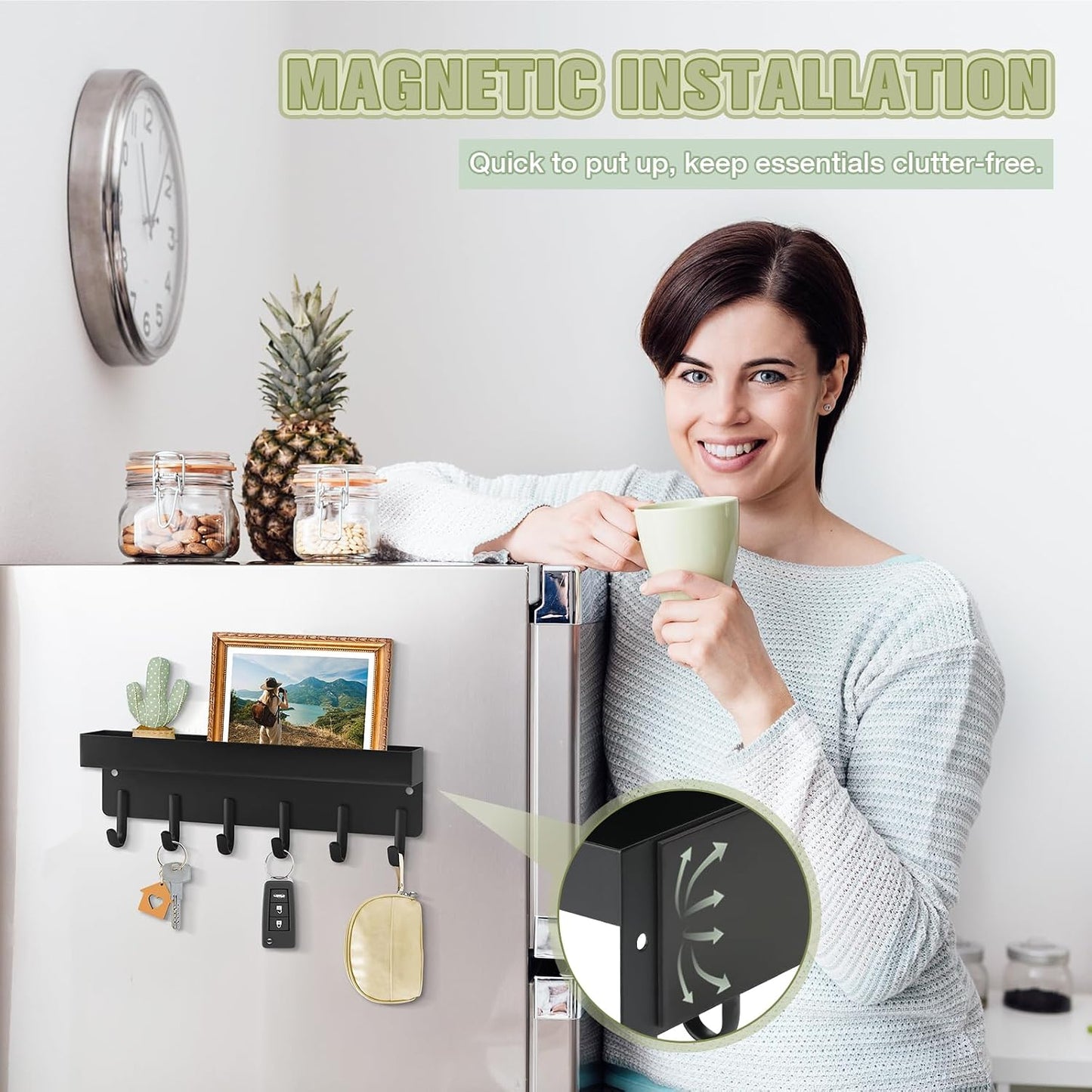 VIS'V Key Holder Wall Mount, Magnetic Key Rack with Tray, 6 Hooks, Black | 2 Mount Options, Metal Material, Compact Discreet Design, for Fridge, Kitchen, Entryway, Hallway, Doorway, Garage, Camper