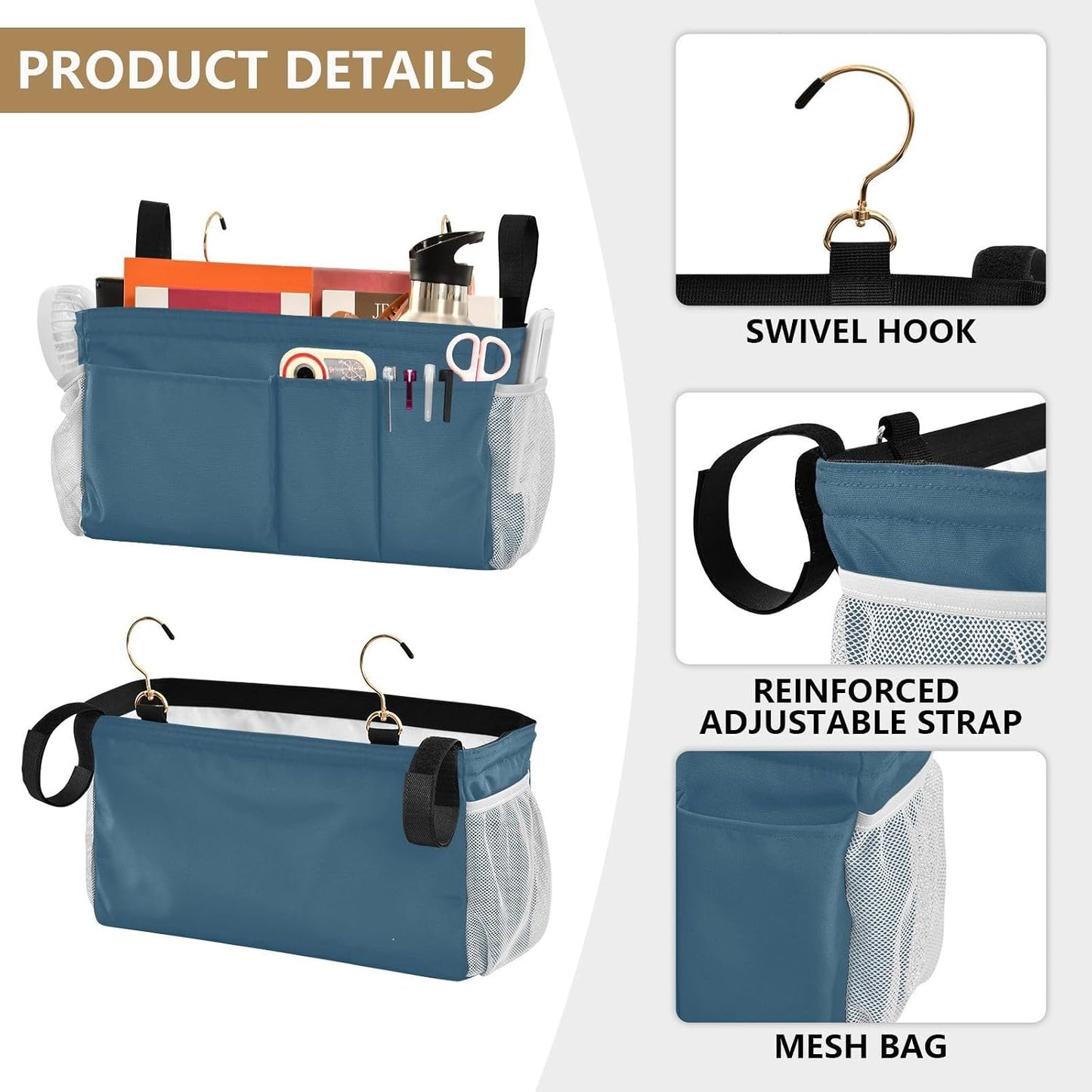 Black Bedside Caddy Storage Bag Bedside Organizer for Bed Rails College Dorm Room Organizer Caddy Hanging Shelf 6 Pockets with Hooks for Drinks Magazine Phone Holder