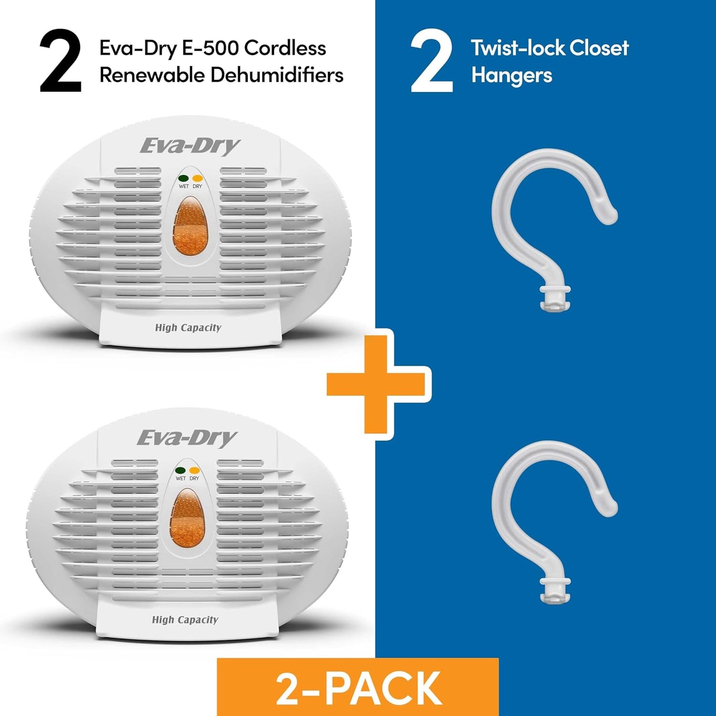 Eva-Dry E-500 Renewable Silica Gel Dehumidifier, 2-Pack, No Batteries | Cordless, plug-in to renew | 500 cu ft each | Gun safes, closets, bathrooms, boats, RVs | Reusable up to 10 years
