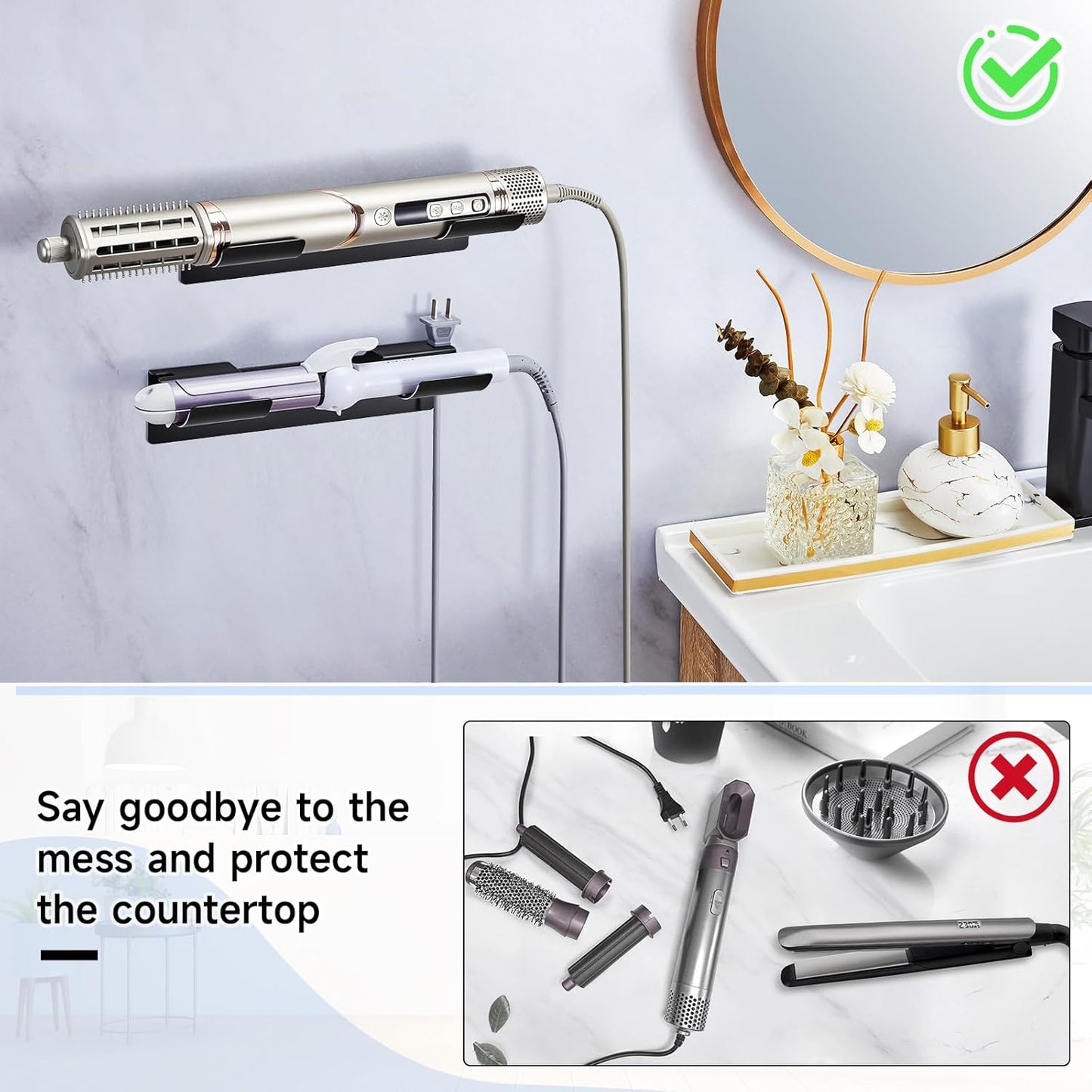 2 PCS Wall Mount Curling Iron Holder and Hair Tool Organizer with Adhesive, Multifunctional Hot Flat Iron and Hair Straightener Holder Storage Stand for Vanity, Cabinet and Wall, White