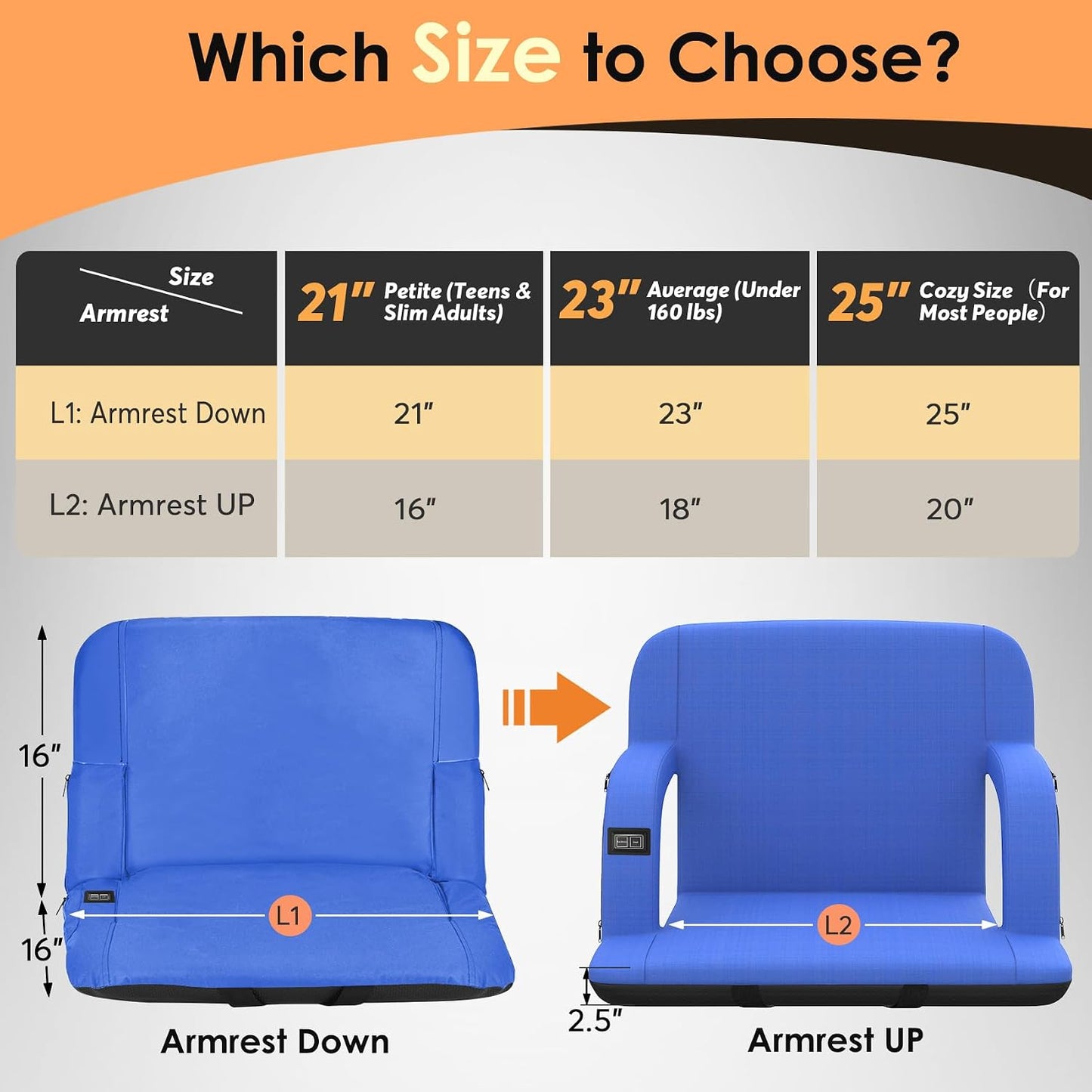 HOPERAN 25in Heated Stadium Seats for Bleachers, Dual Control, 2 PCS, Black | Independent Seat & Back 3 Level Heat (NO Battery), Soft Cushion, 6 Recliner, Anti-Slip, Side Pockets, Backpack Straps