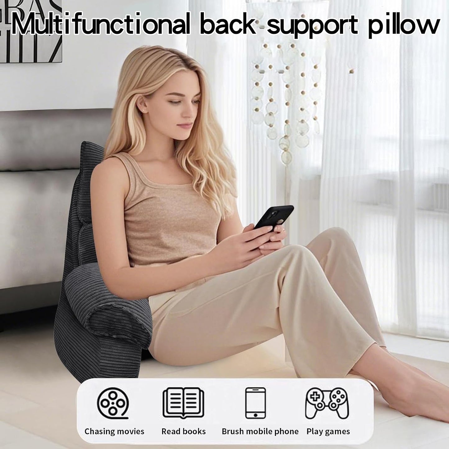 Reading Pillow for Bed with Arms, Back Support, Memory Foam（Grey Black） | Reading Pillow for Bed with High Arm Rests, Back Support Pillow for Sitting Up, Shredded Memory Foam for Reading, TV & Gaming