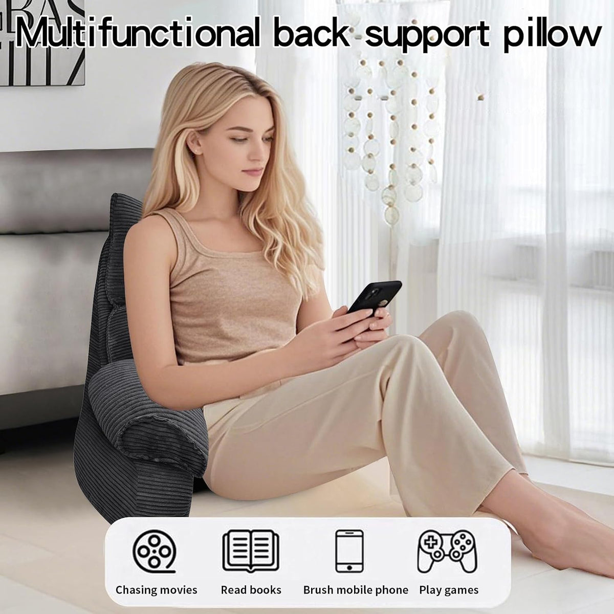 Reading Pillow for Bed with Arms, Back Support, Memory Foam（Grey Black）