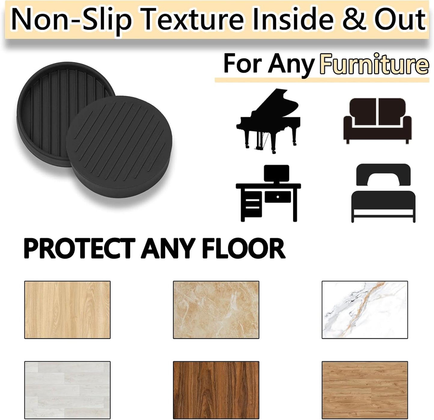 Jayen Rubber Furniture Caster Cups, Non-Slip Round Furniture Pads, 1.5" | Inner & Outer Anti-Slip Texture Helps Keep Beds and Couches from Sliding While Protecting Hardwood, Tile & Other Floors