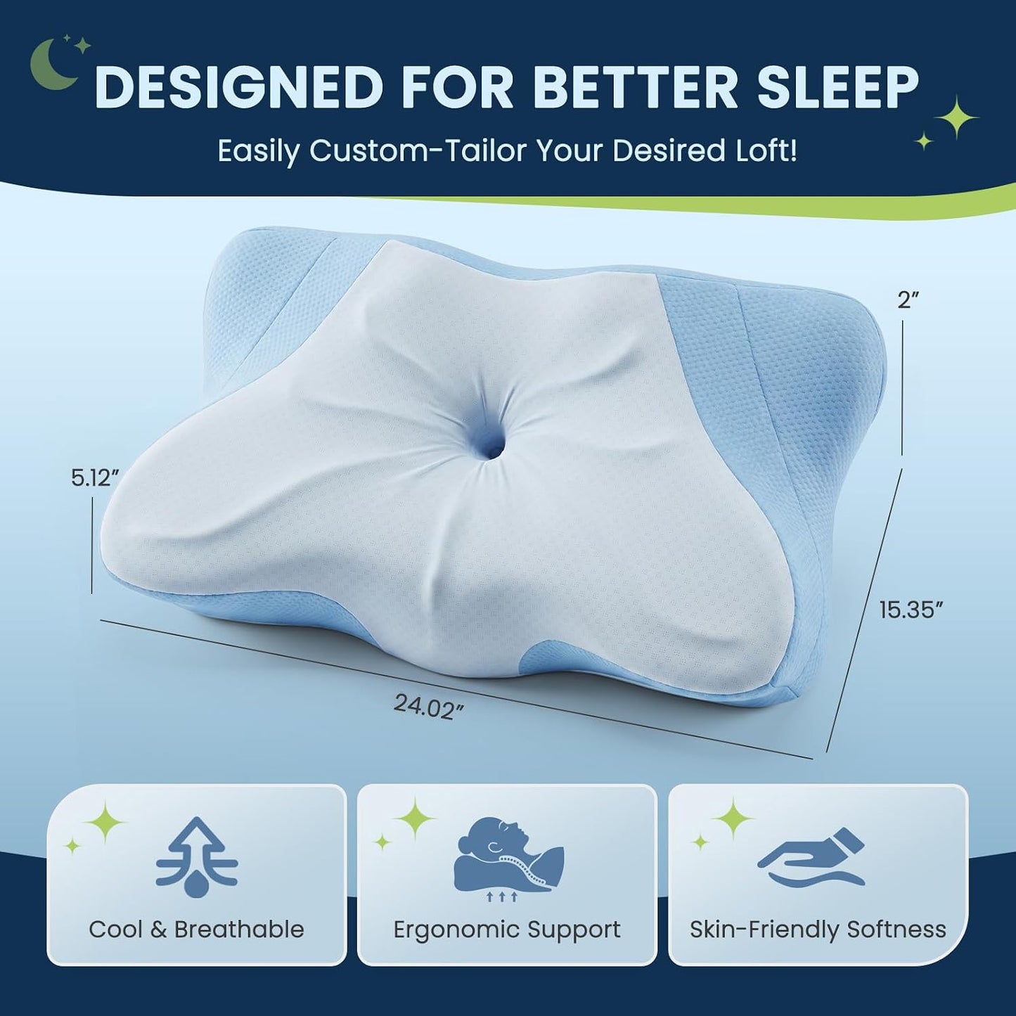 Sweetcrispy Cervical Pillow for Neck and Shoulder - Ergonomic Memory Foam Pillows, Contour Side Sleeper for Adults, Cooling Orthopedic Neck Support for Back Stomach Sleepers, White