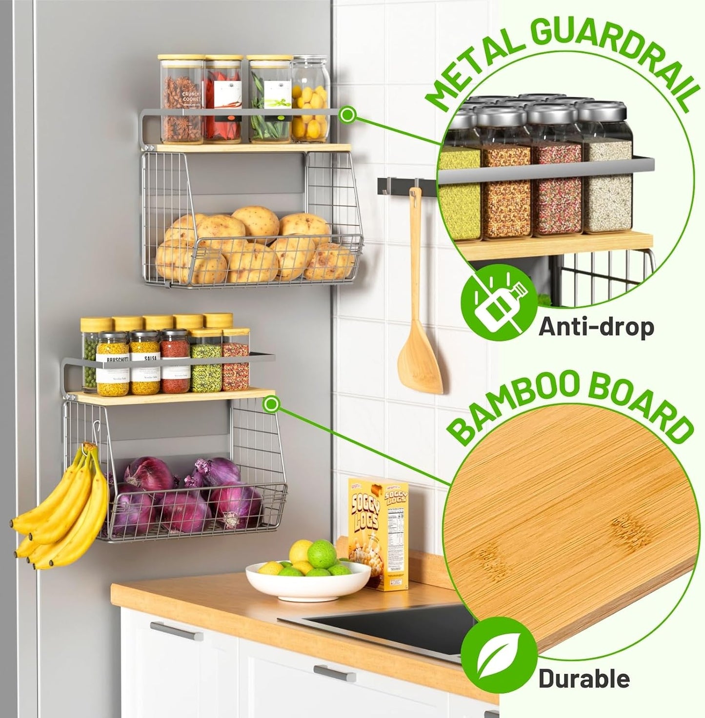 Magnetic Shelf for Fridge with Wood Lid, Fruit Potato and Onion Storage Bins, Pantry Organizers & Storage, Large Container Magnetic Spice Rack for Refrigerator, Kitchen Counter, Cabinet | Strong magnet holds 50lbs, ventilated bin for produce, versatile