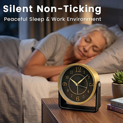 Analog Alarm Clock - 4.5" Silent Non Ticking Small Clock with Light, Rotatable Stand Metal Desk Clock Battery Operated, Simple Design for Living Room Decor/ Bedroom/Bedside/Shelf (Black & White)