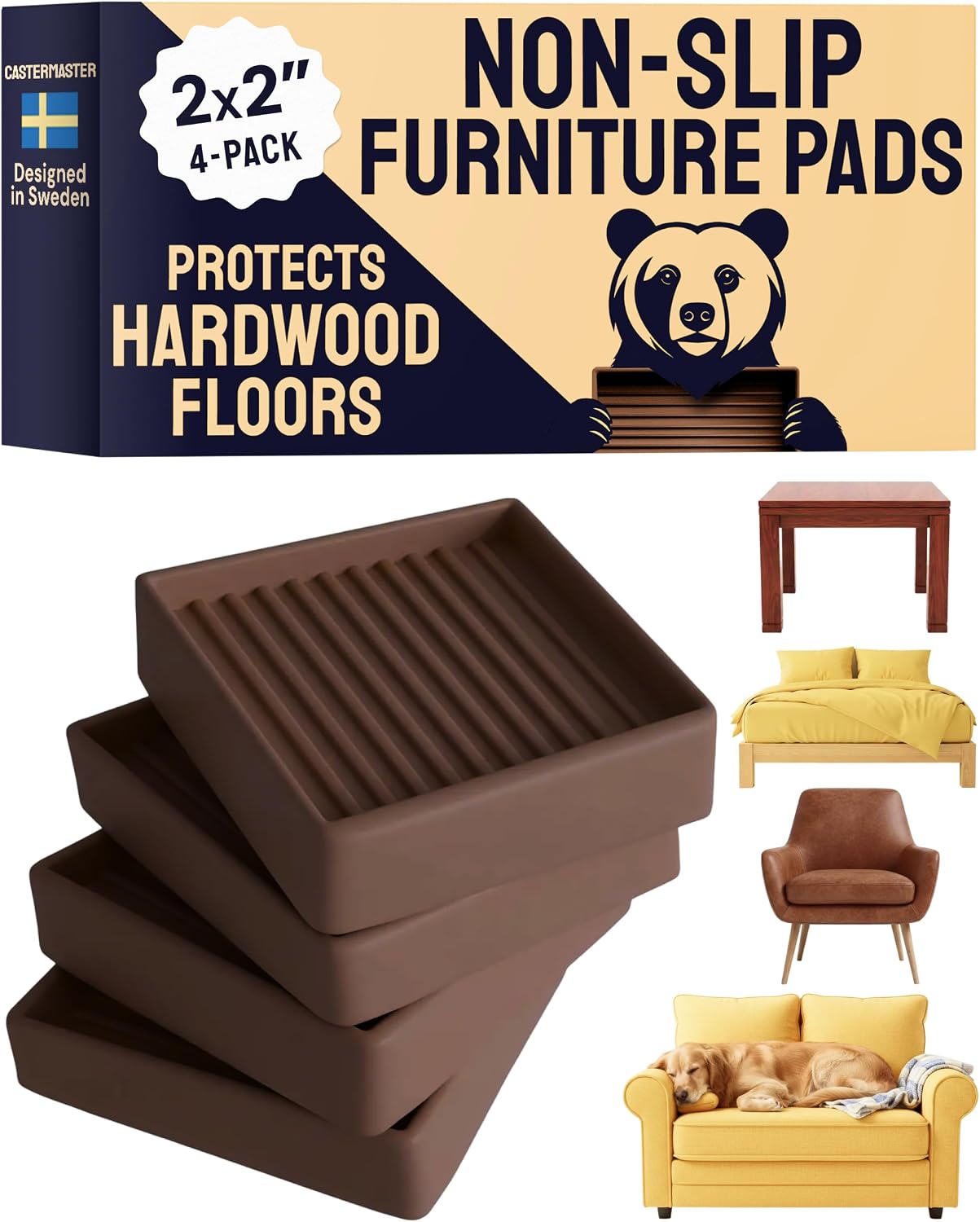 Non-Slip Furniture Pads - 4x4 in Brown, 4 Pack | Square rubber caster cups - anti-skid - Use for heavy sofas, beds & chairs on hardwood floors