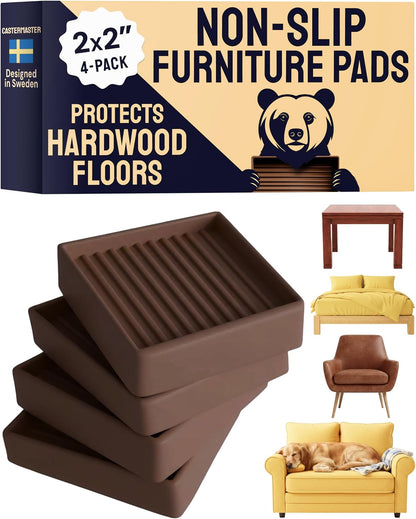 Non-Slip Furniture Pads - 4x4 in Brown, 4 Pack | Square rubber caster cups - anti-skid - Use for heavy sofas, beds & chairs on hardwood floors